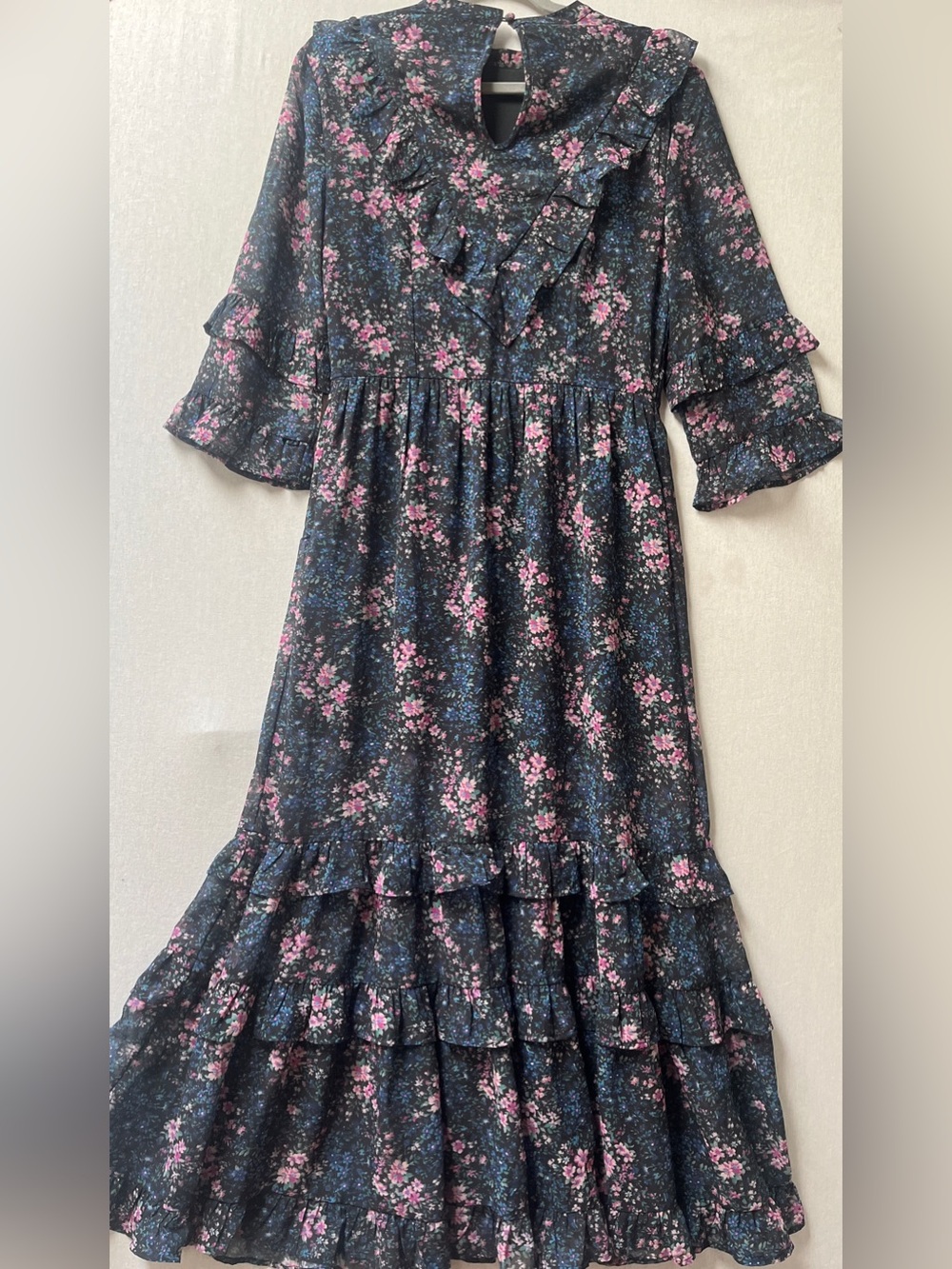 American Eagle Navy Floral Ruffle Hem Chiffon Maxi Dress Size S - Picture 3 of 11